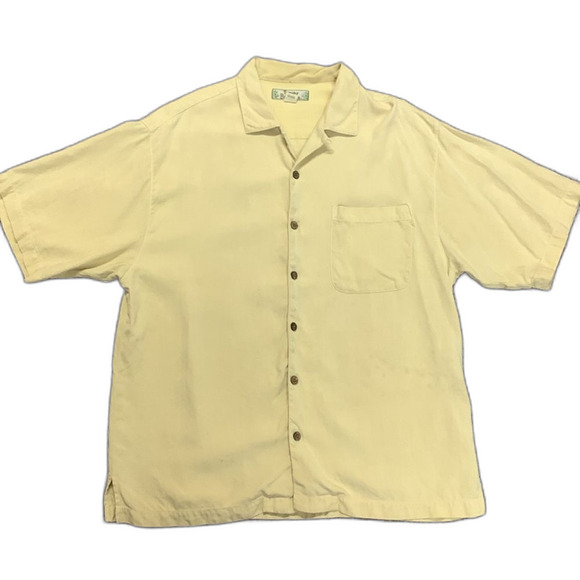 Tommy Bahama Pale Yellow 100% Silk Herringbone Weave Hawaiian Shirt Size L - Picture 1 of 11